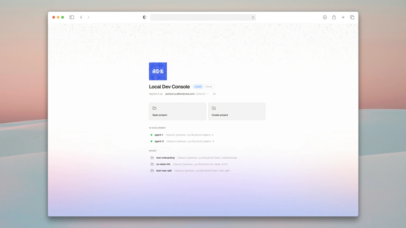 The ADK project home screen
