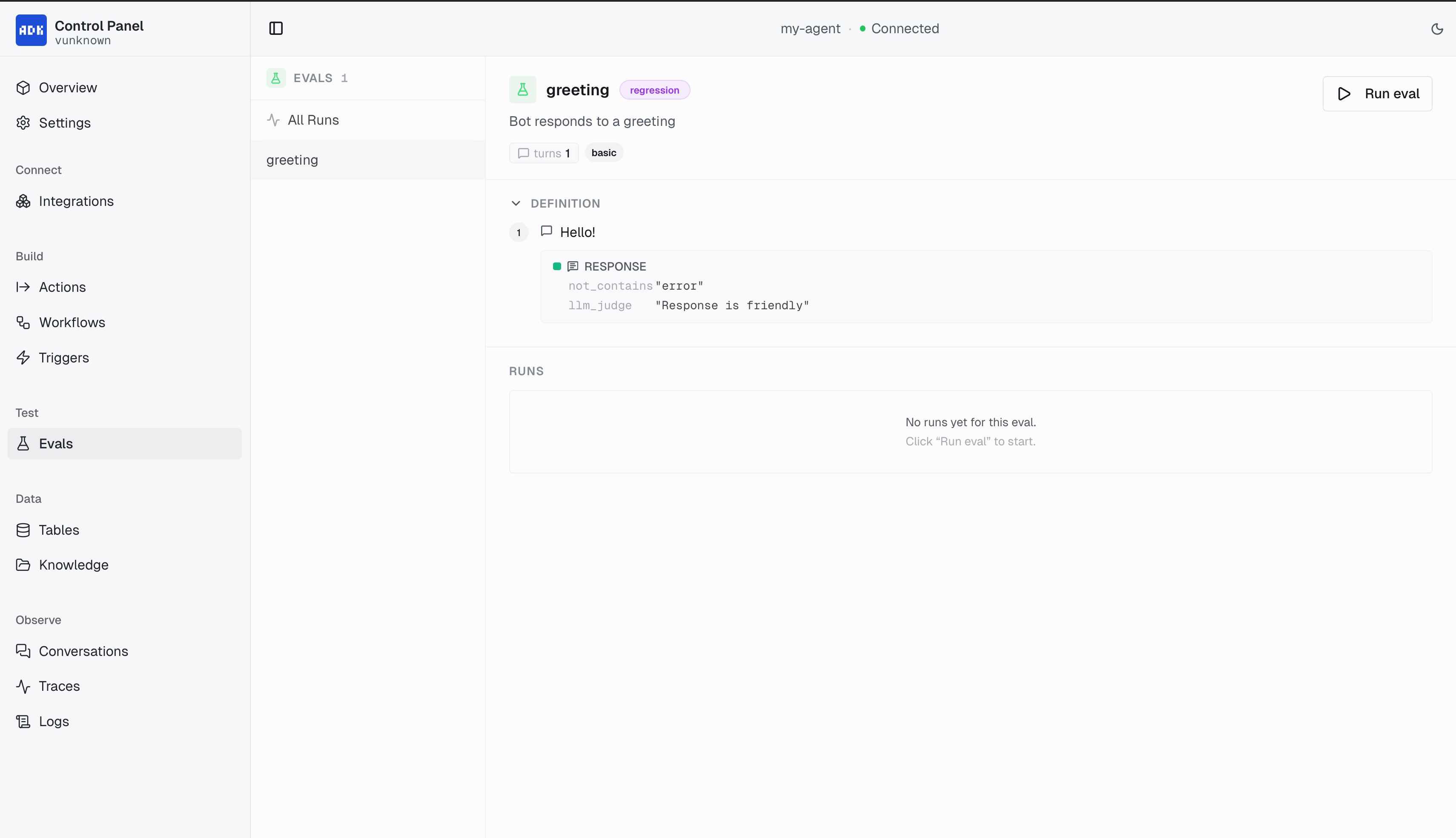 Evals page for declarative conversation tests