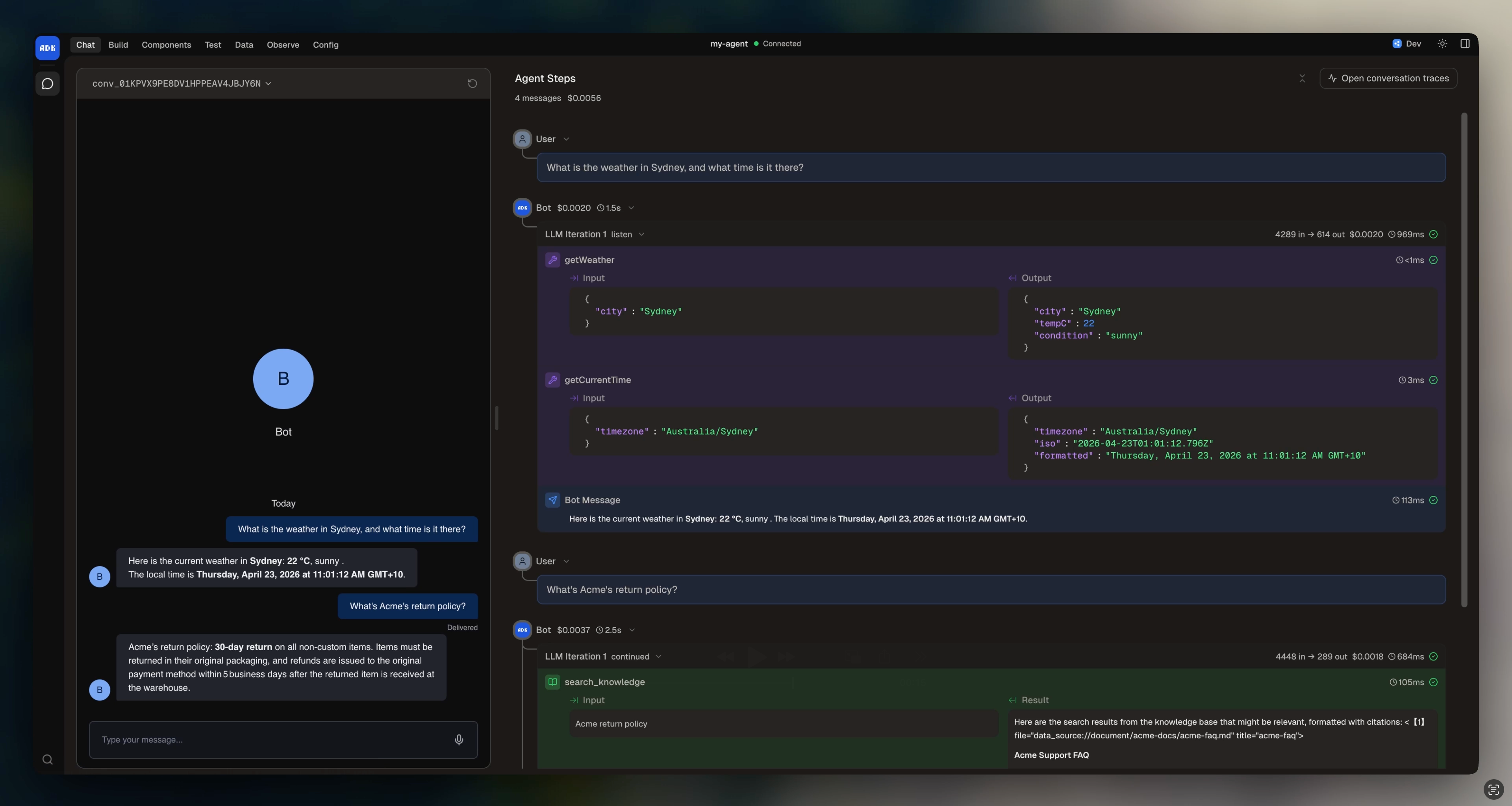 Agent Steps panel in Dev Console