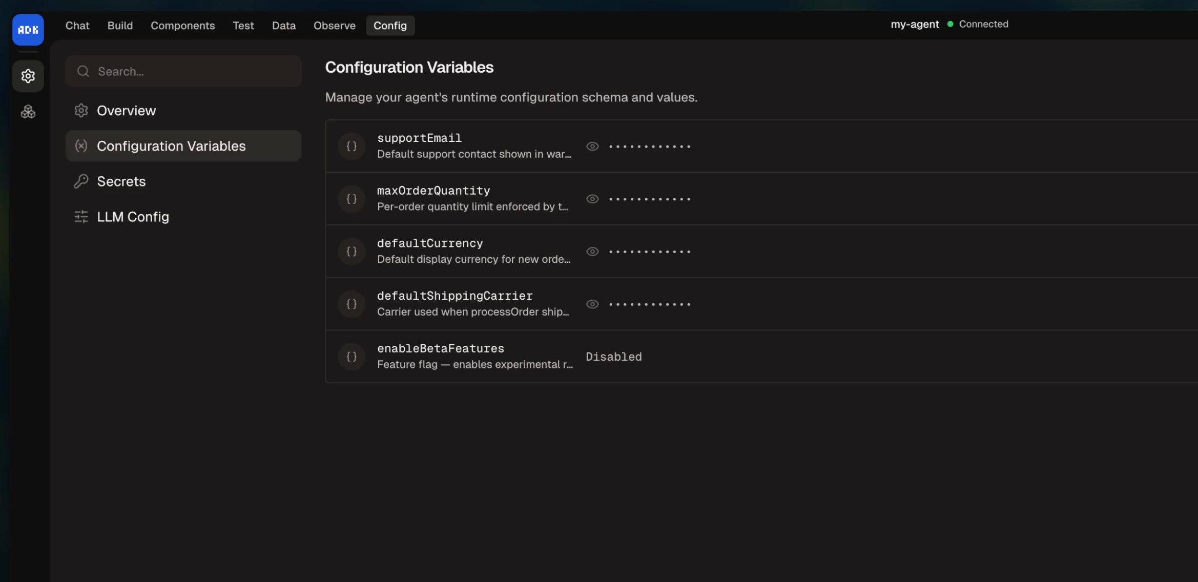 Configuration values in the Dev Console