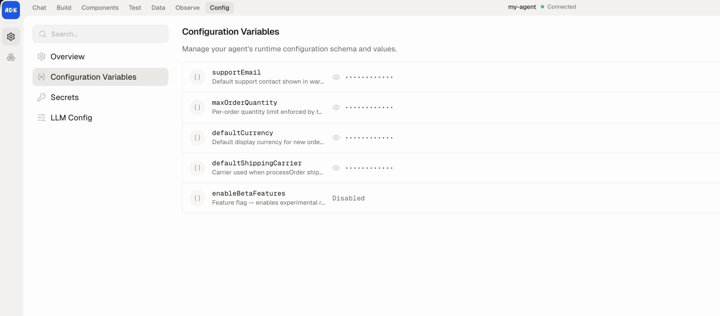 Configuration values in the Dev Console