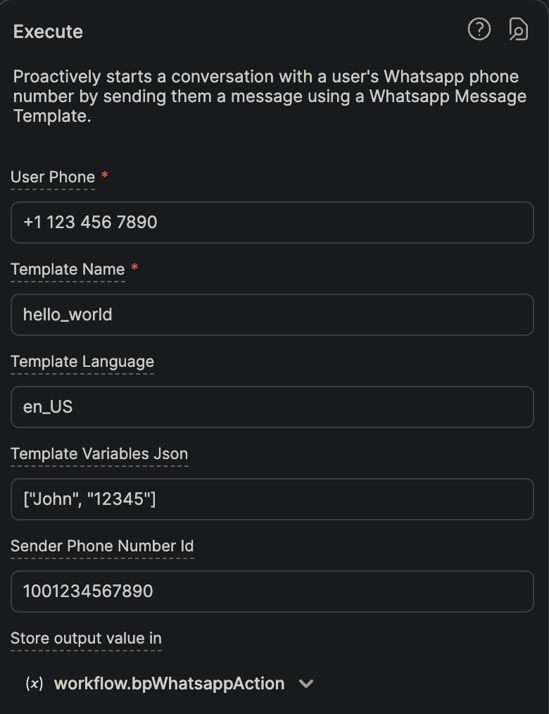 Options for the Whatsapp 'Start Conversation' card